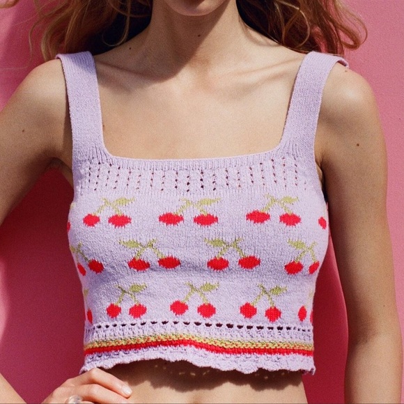 Zara Lilac Lavender Retro Cherry Crochet Square Neck Jacquard Knit Cropped Top S - Picture 5 of 5